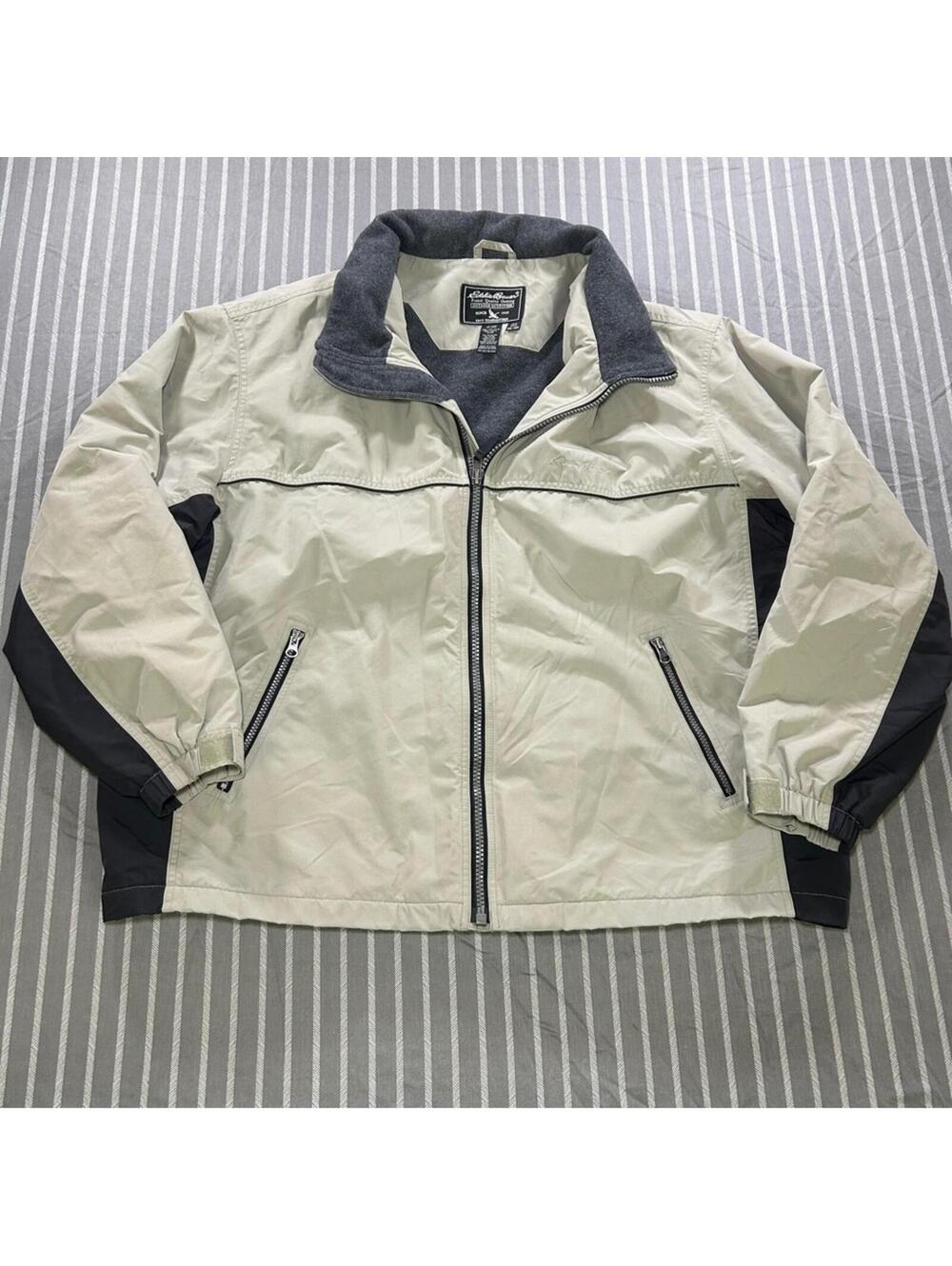 Vintage Eddie Bauer Khaki Bomber Jacket Fleece Lining Front Zip Size XXL Mens